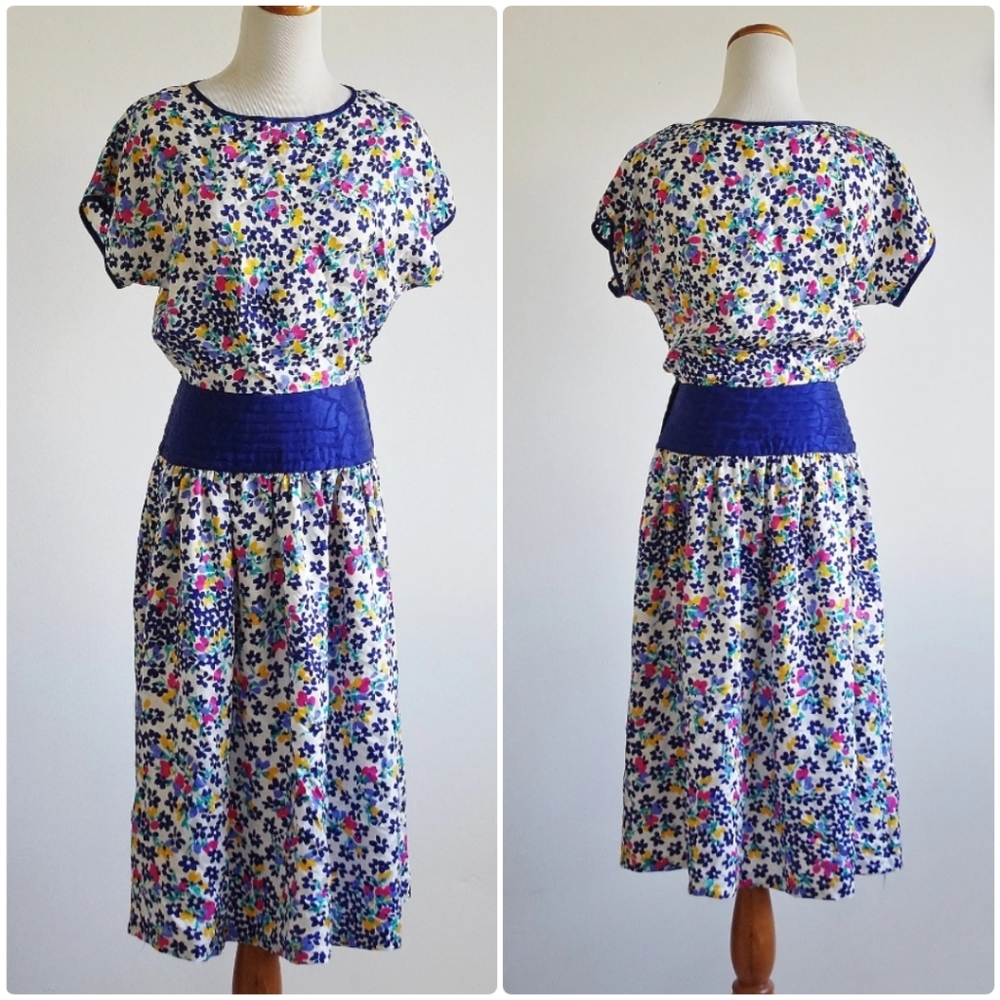 Vintage 80s Silk Studio 100% Silk Floral Dolman Sleeve Draped Midi Dress Size 6
